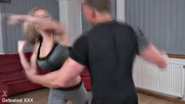 Strong Girl Dominated Muscle Man Victory Pose Humiliation