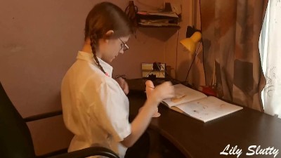 Nerdy Schoolgirl Learns To Fuck And Suck Cock / Dildo Masturbation + Dildo Blowjob