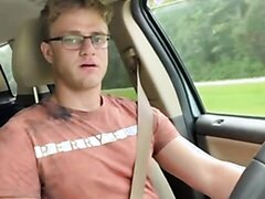 Nerdy Stud Jerking Off While Driving