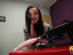 Lusty Busty Brunette MILF Got DP Ed Till Squirting With A Fuck Machine And A Dick At The Fake Hostel
