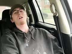 Nerdy Guy Sprays Himself And His Car In Cum