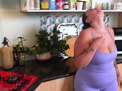 Chubby Busty Brunette Squirts In The Kitchen