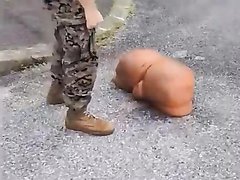 Camouflaged Officer Kicks Around A Sex Doll (ass+pussy)