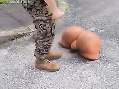 Camouflaged Officer Kicks Around A Sex Doll (ass+pussy)